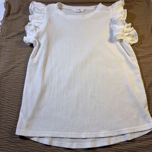 Anthropologie THML Women’s White Joselyn Top Small Ruffle Cap Sleeves Stretch - Picture 10 of 14